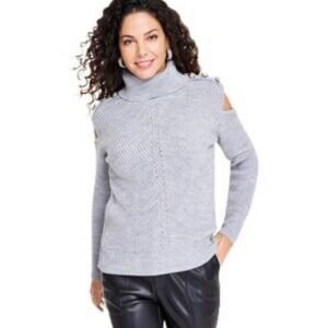 INC International Concepts Cold Shoulder Turtleneck Sweater Button Detail Size M